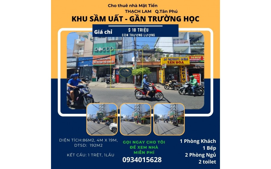 Cho thuê nhà mặt tiền Thạch Lam 86m2, 1Lầu, 18Triệu - gần trường học